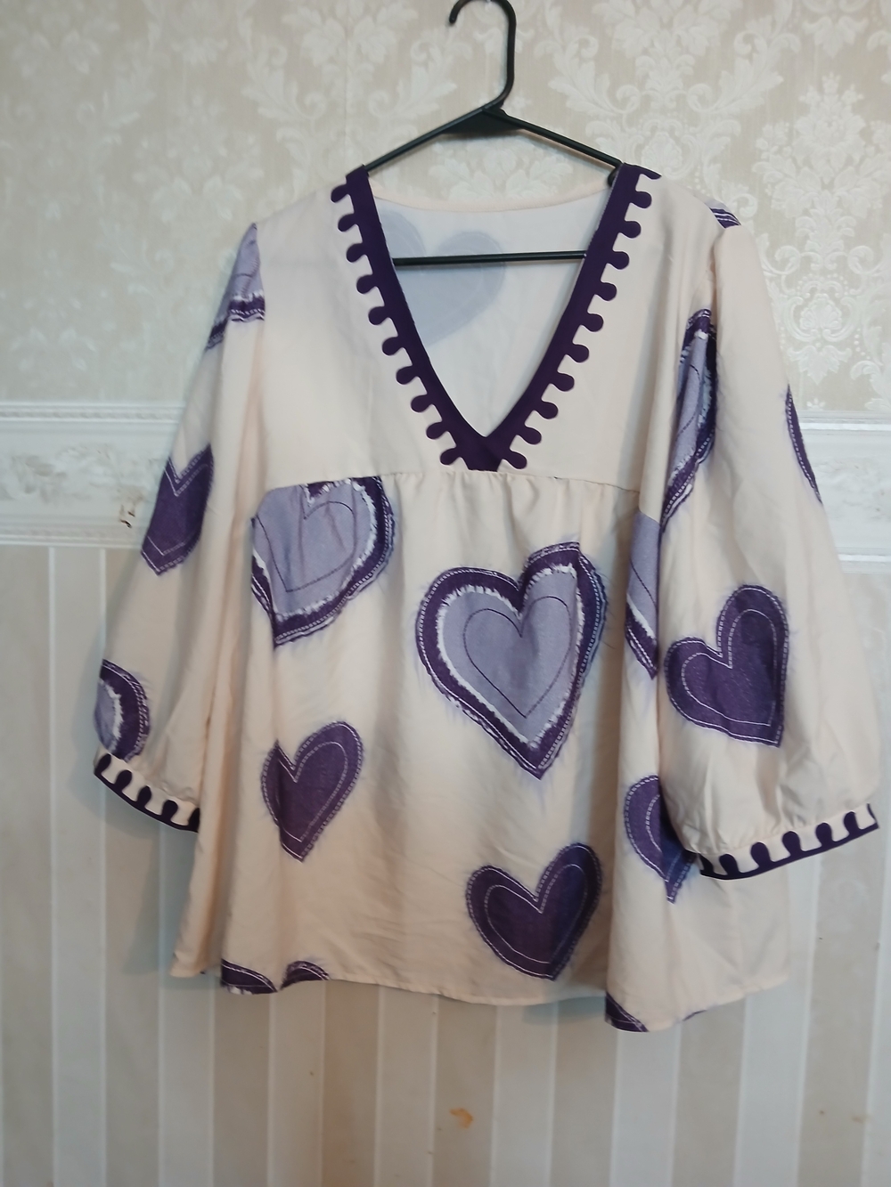 SHEIN Cream Tunic Top with Purple Heart Accents